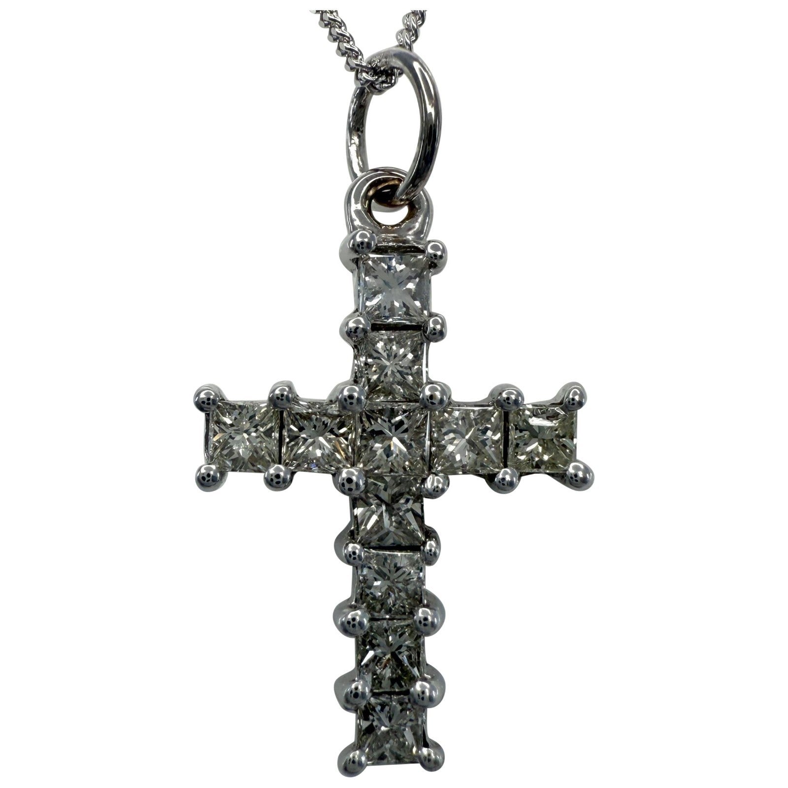 Natural 1.00ct Princess Cut Diamond Cross 18k White Gold Pendant Necklace 3.53g