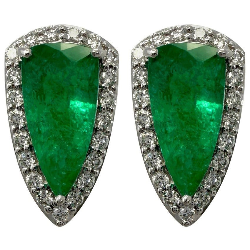 1.20ct Vivid Green Teardrop Emerald & Diamond 18k White Gold Halo Earring Studs