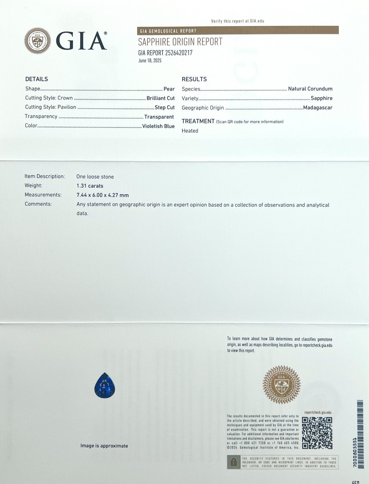 UNIQUE 1.31ct Sapphire GIA CERTIFIED VIVID Violet Purple Blue Pear Cut 7.4x6mm — view 3