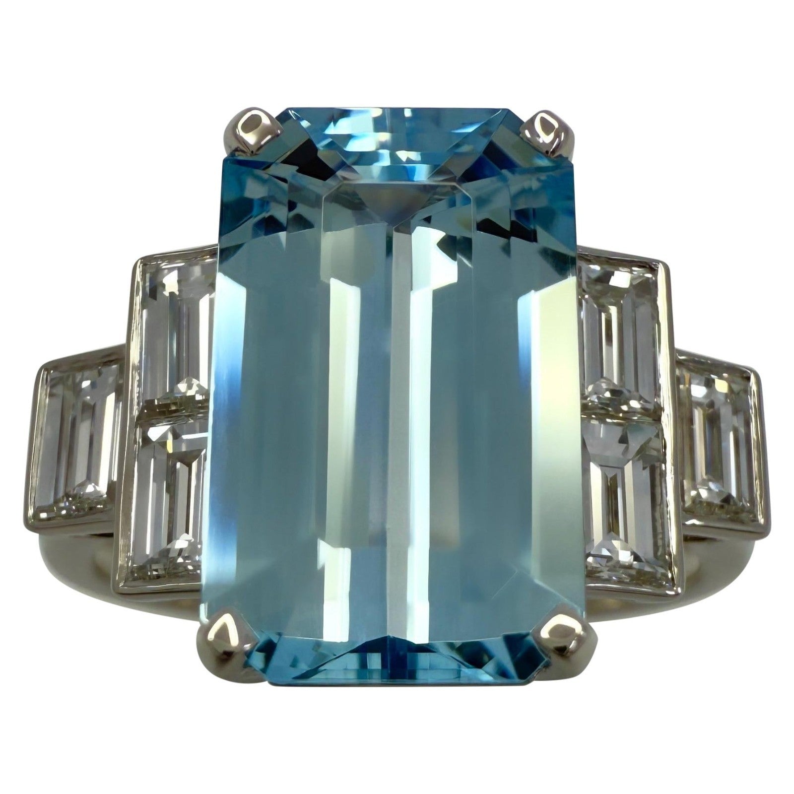 3.51ct Fine Blue Emerald Cut Aquamarine And Diamond Art Deco Platinum Ring