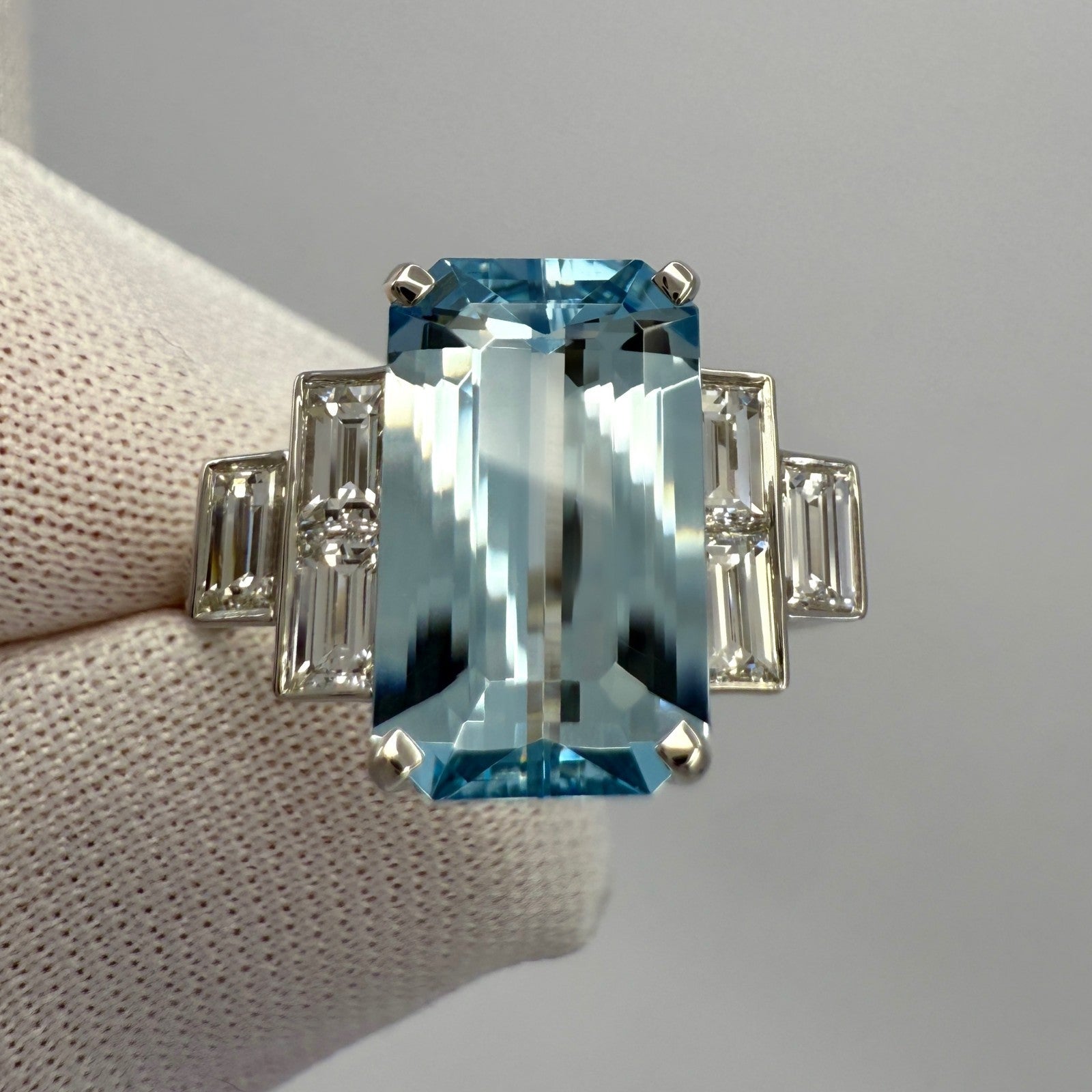 3.51ct Fine Blue Emerald Cut Aquamarine And Diamond Art Deco Platinum Ring — view 2