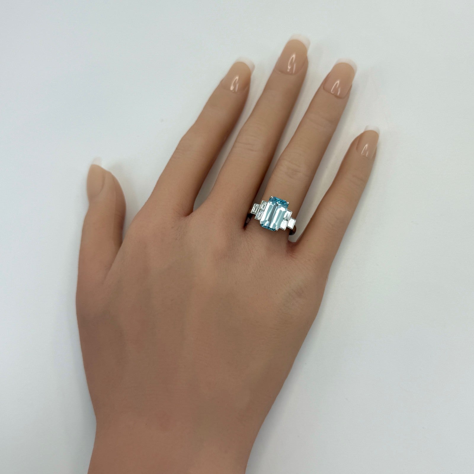 3.51ct Fine Blue Emerald Cut Aquamarine And Diamond Art Deco Platinum Ring — view 3