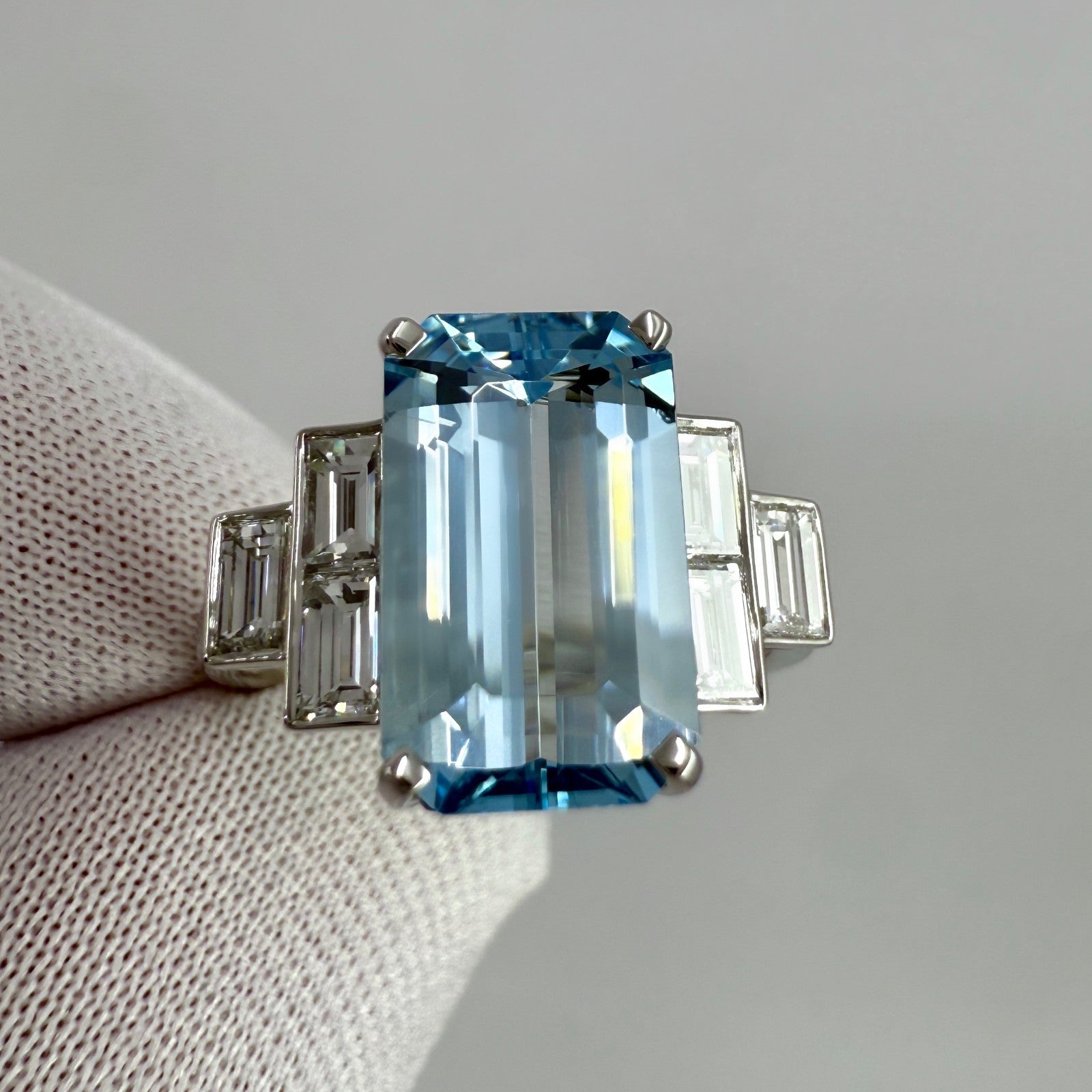 3.51ct Fine Blue Emerald Cut Aquamarine And Diamond Art Deco Platinum Ring — view 4