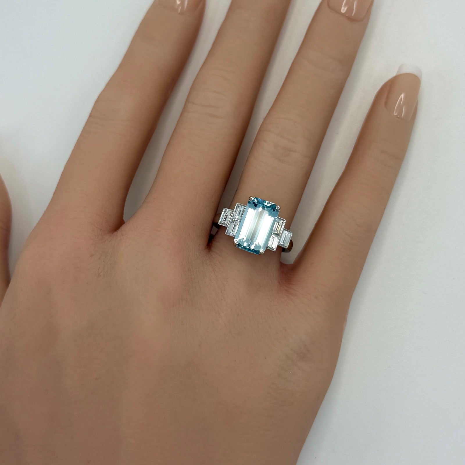 3.51ct Fine Blue Emerald Cut Aquamarine And Diamond Art Deco Platinum Ring — view 5