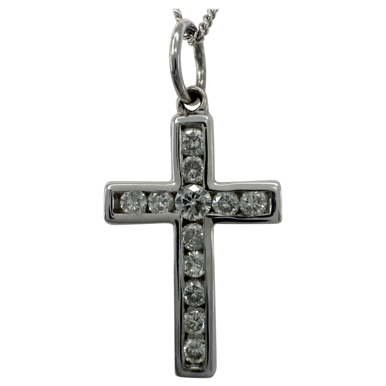 Natural Round Cut Diamond Cross 18k White Gold Pendant Necklace