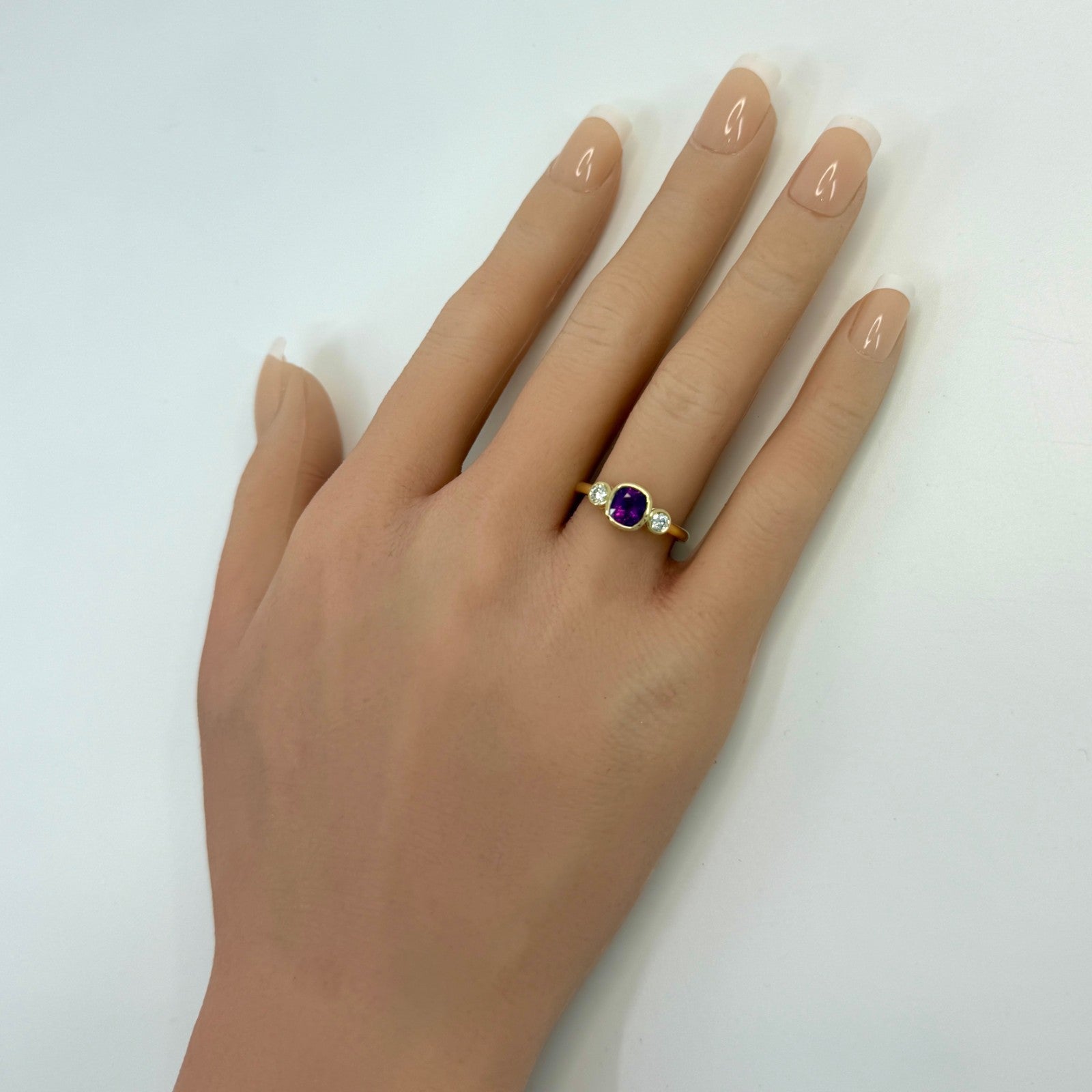 Natural Vivid Pink Purple Sapphire & Diamond 18k Yellow Gold Three Stone Ring — view 3