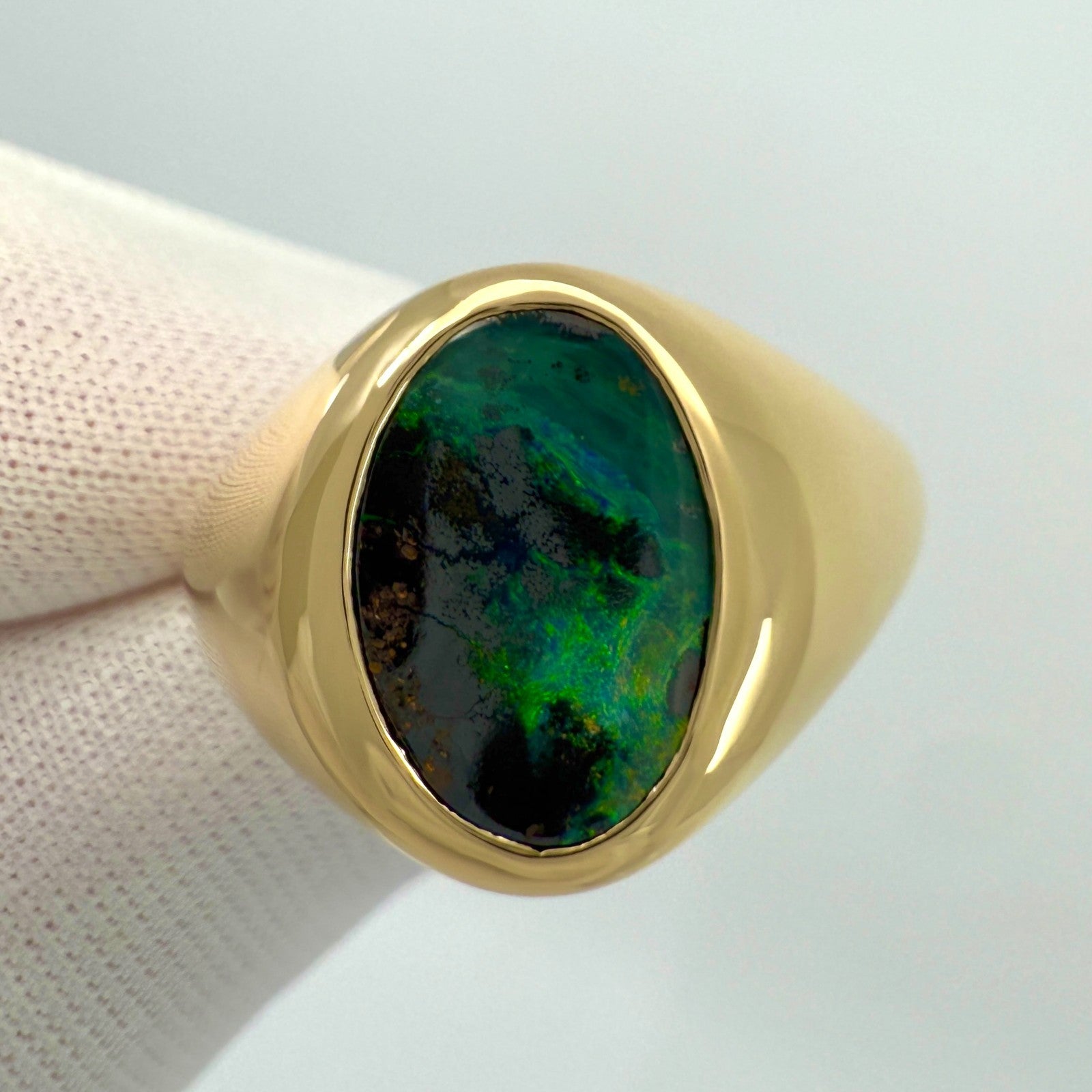 Natural 3.45ct Australian Black Boulder Opal 18k Yellow Gold Oval Signet Ring — view 2