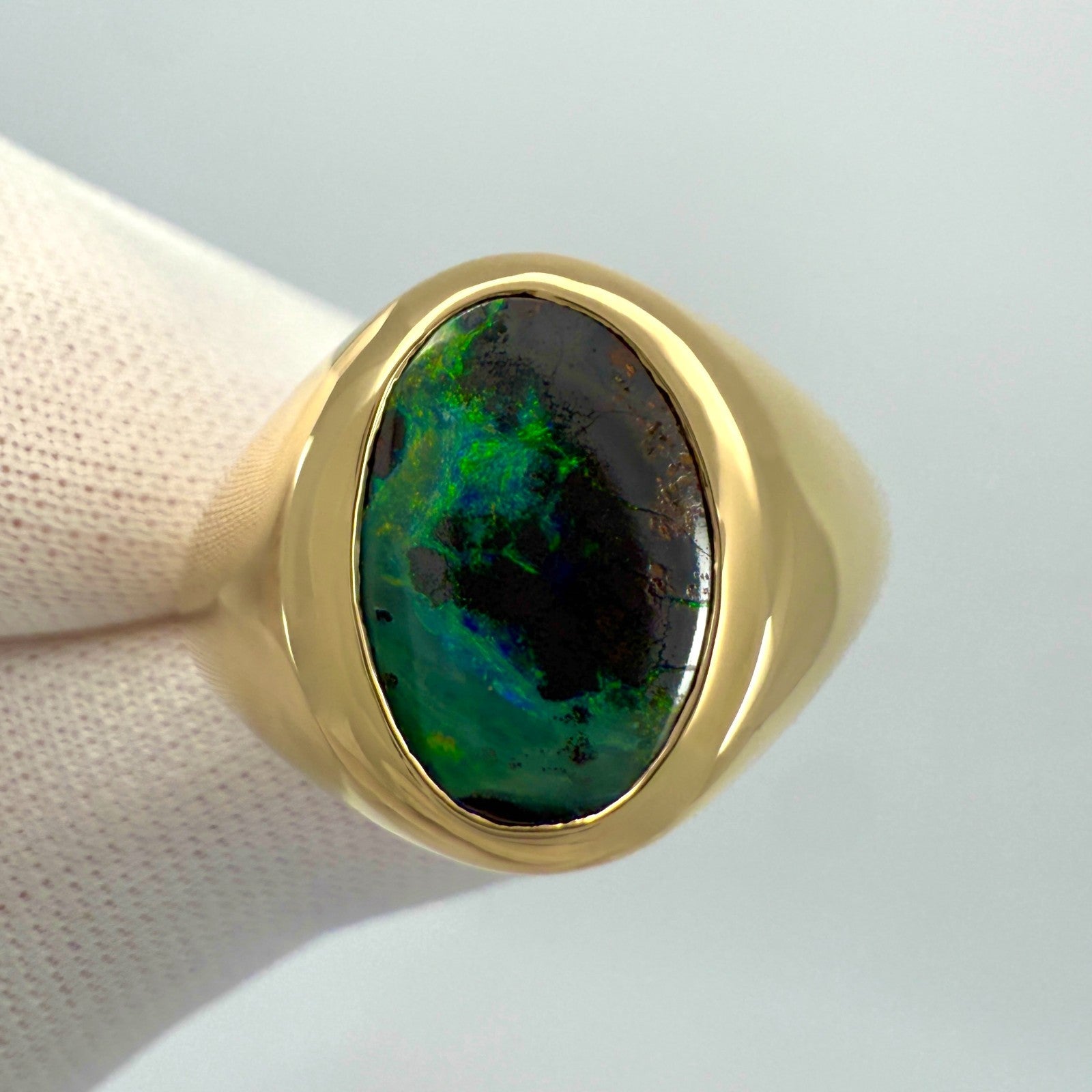 Natural 3.45ct Australian Black Boulder Opal 18k Yellow Gold Oval Signet Ring — view 3