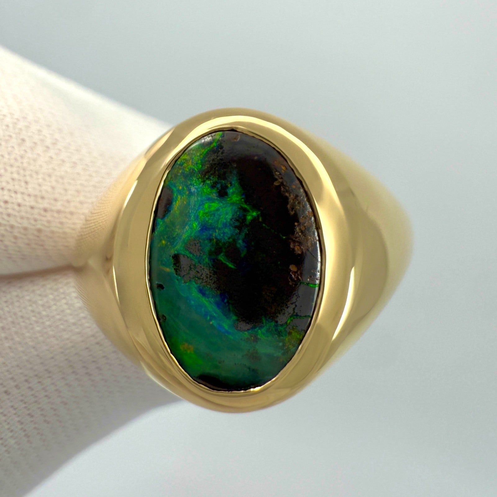 Natural 3.45ct Australian Black Boulder Opal 18k Yellow Gold Oval Signet Ring — view 4