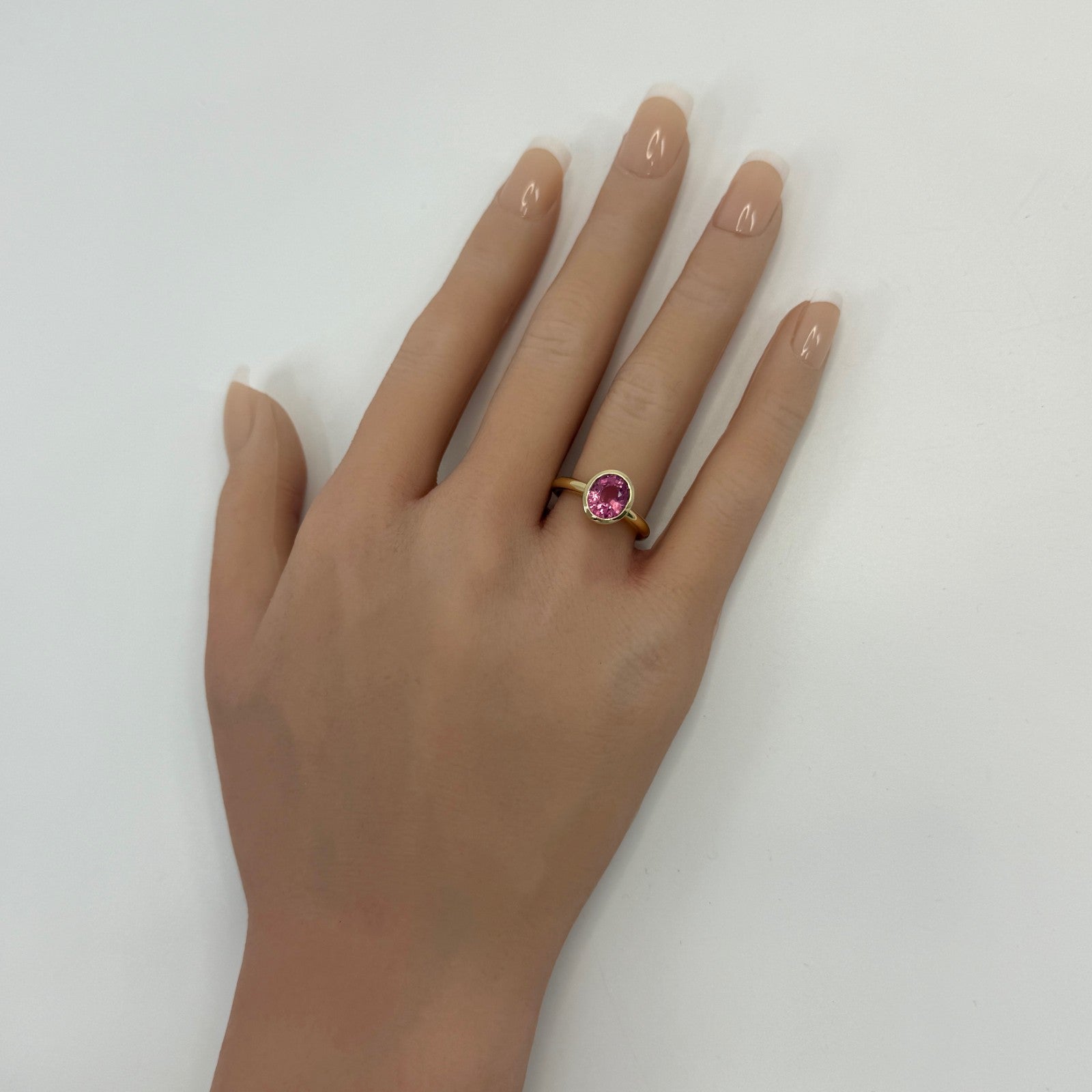 2.01ct Vivid Pink Rubellite Tourmaline Oval 18k Yellow Gold Bezel Solitaire Ring — view 3