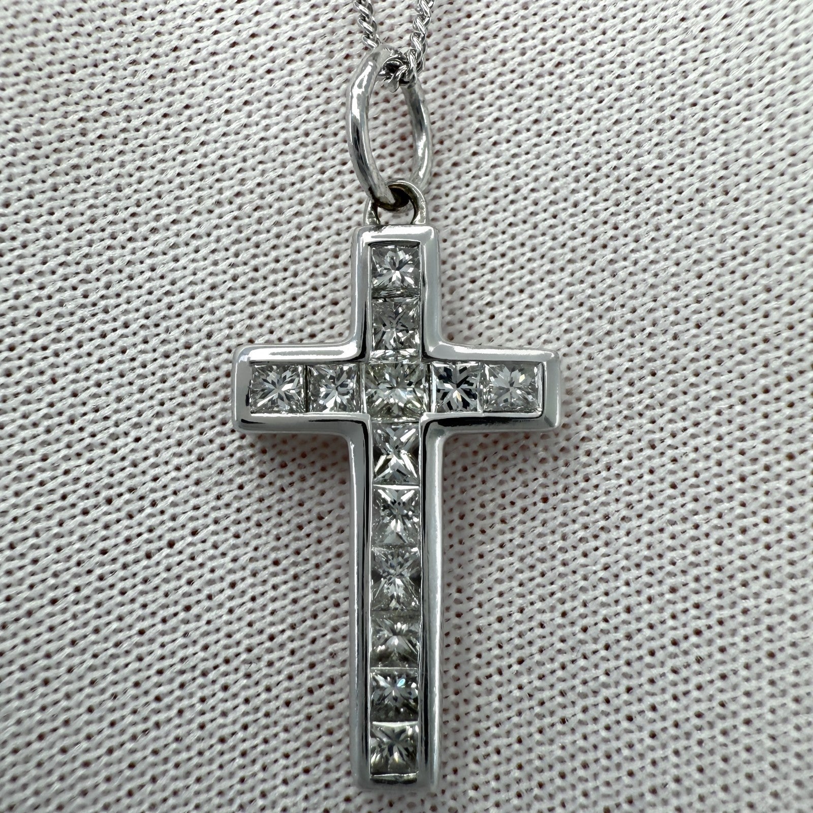 Natural Princess Cut Diamond Cross 18k White Gold Pendant Necklace 24.5x11mm — view 2