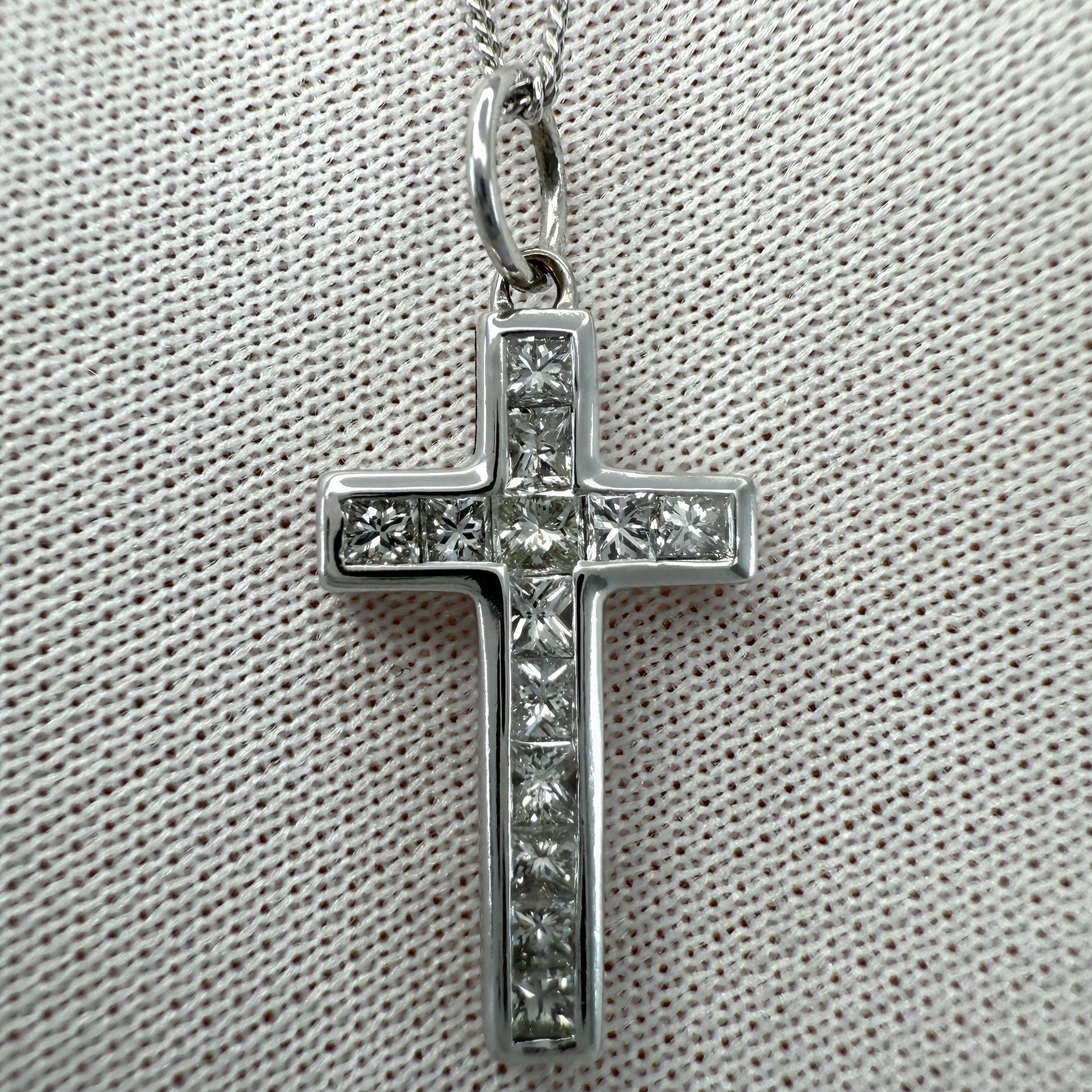 Natural Princess Cut Diamond Cross 18k White Gold Pendant Necklace 24.5x11mm — view 5