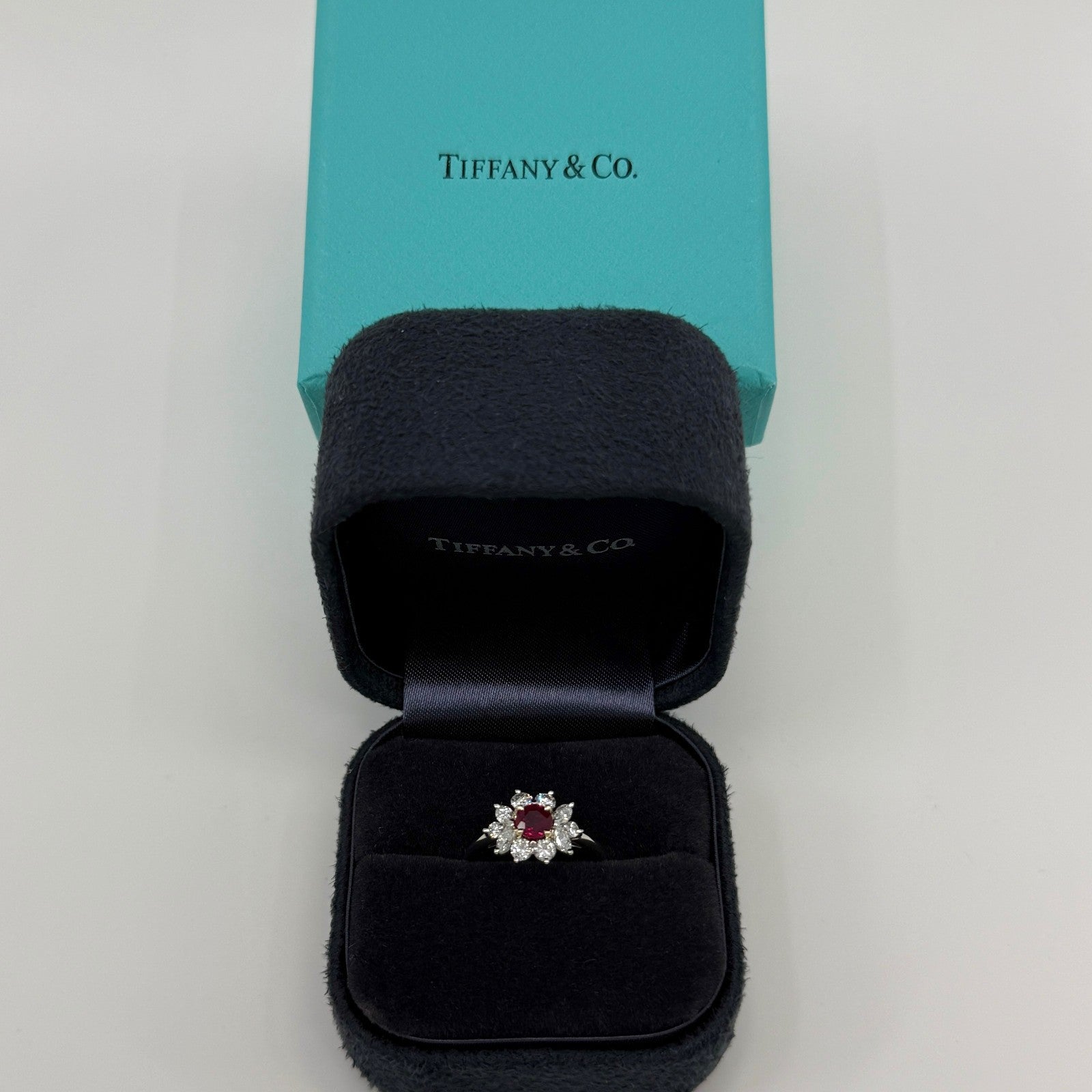 Rare Tiffany & Co. Red Ruby & Diamond 18k Gold & Platinum Flower Cluster Ring — view 2