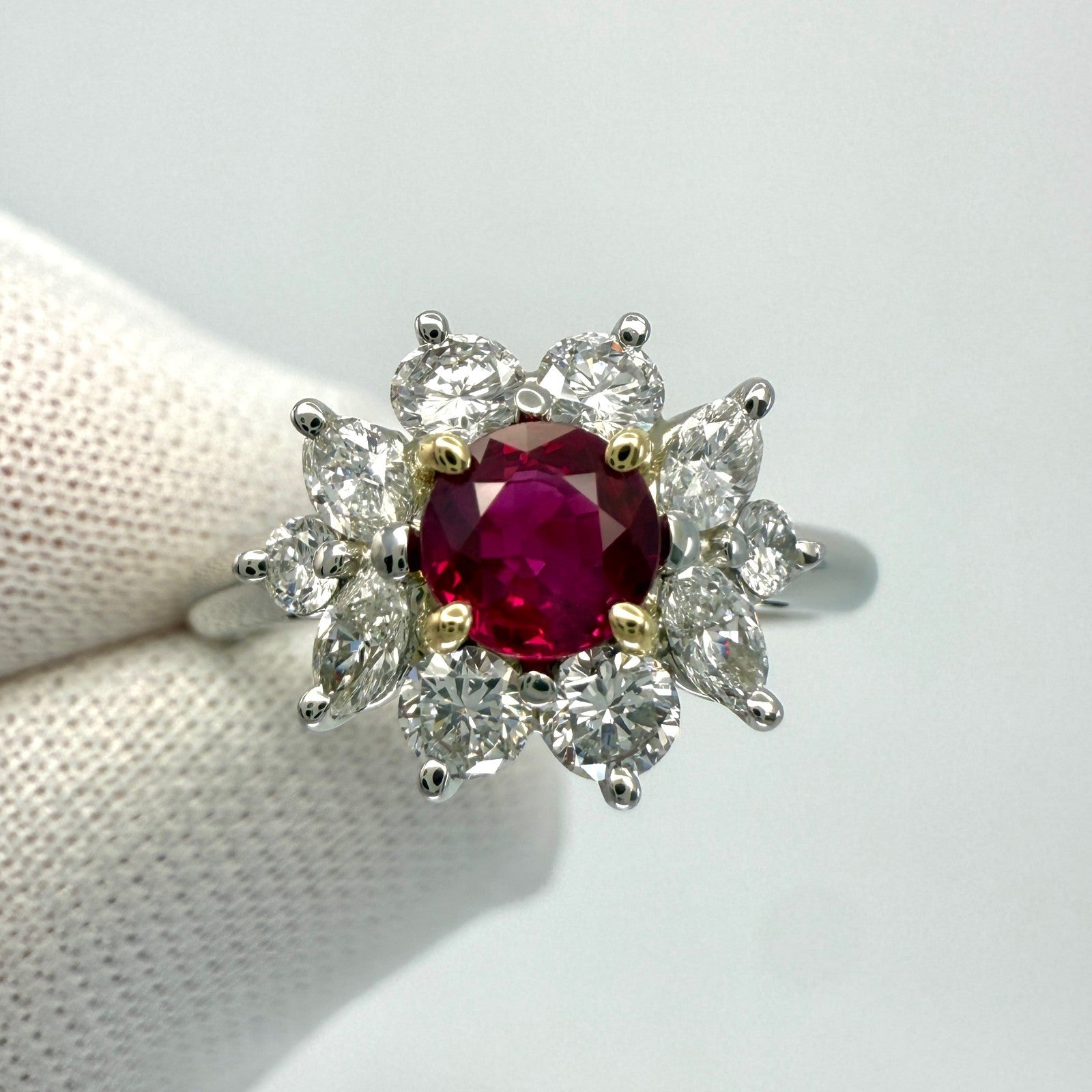 Rare Tiffany & Co. Red Ruby & Diamond 18k Gold & Platinum Flower Cluster Ring — view 3