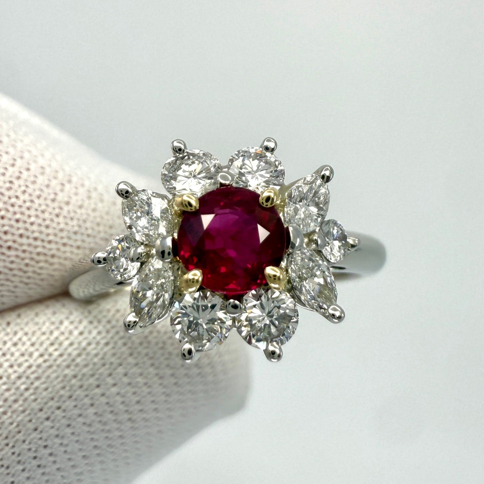 Rare Tiffany & Co. Red Ruby & Diamond 18k Gold & Platinum Flower Cluster Ring — view 5