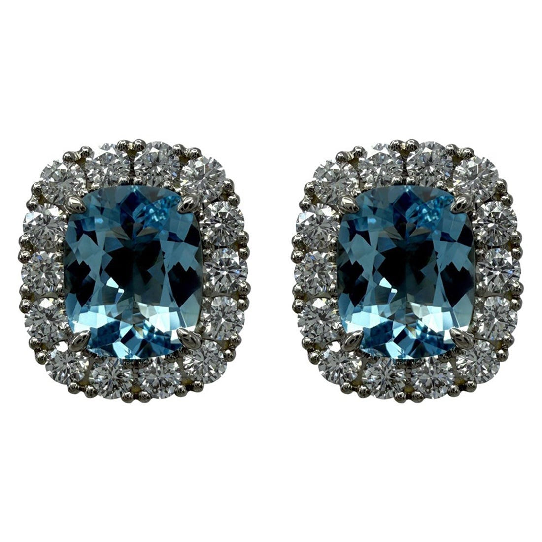 3.53ct Vivid Blue Cushion Aquamarine & Diamond 18k White Gold Halo Stud Earrings