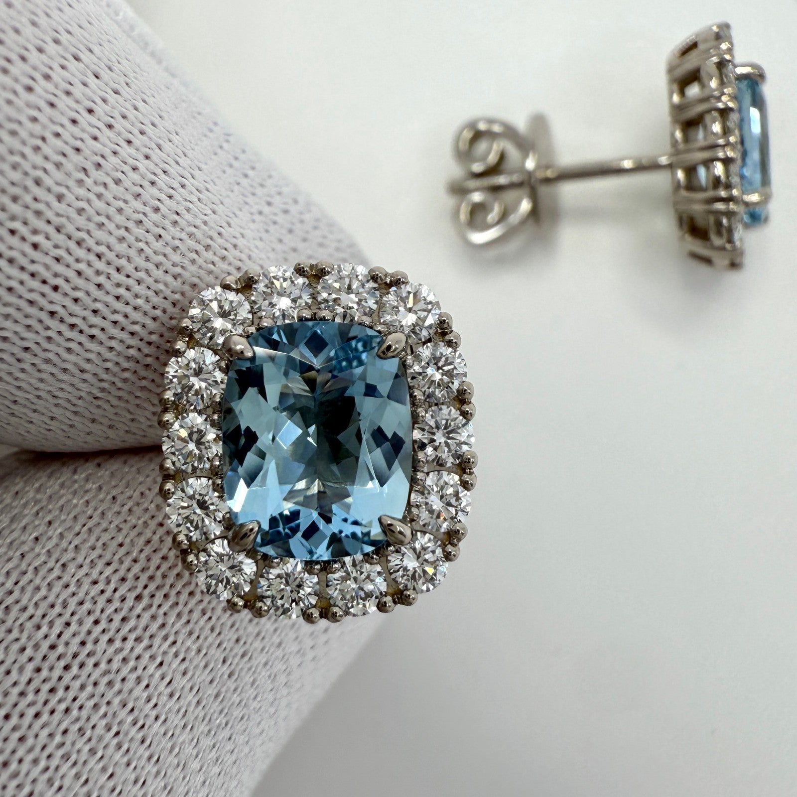 3.53ct Vivid Blue Cushion Aquamarine & Diamond 18k White Gold Halo Stud Earrings — view 2