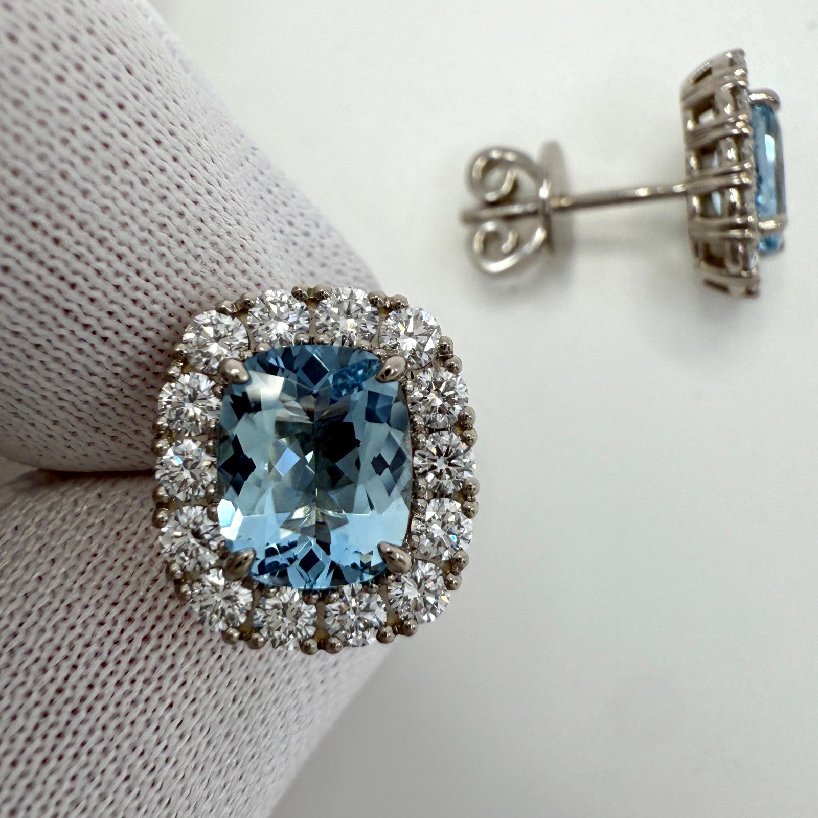 3.53ct Vivid Blue Cushion Aquamarine & Diamond 18k White Gold Halo Stud Earrings — view 3
