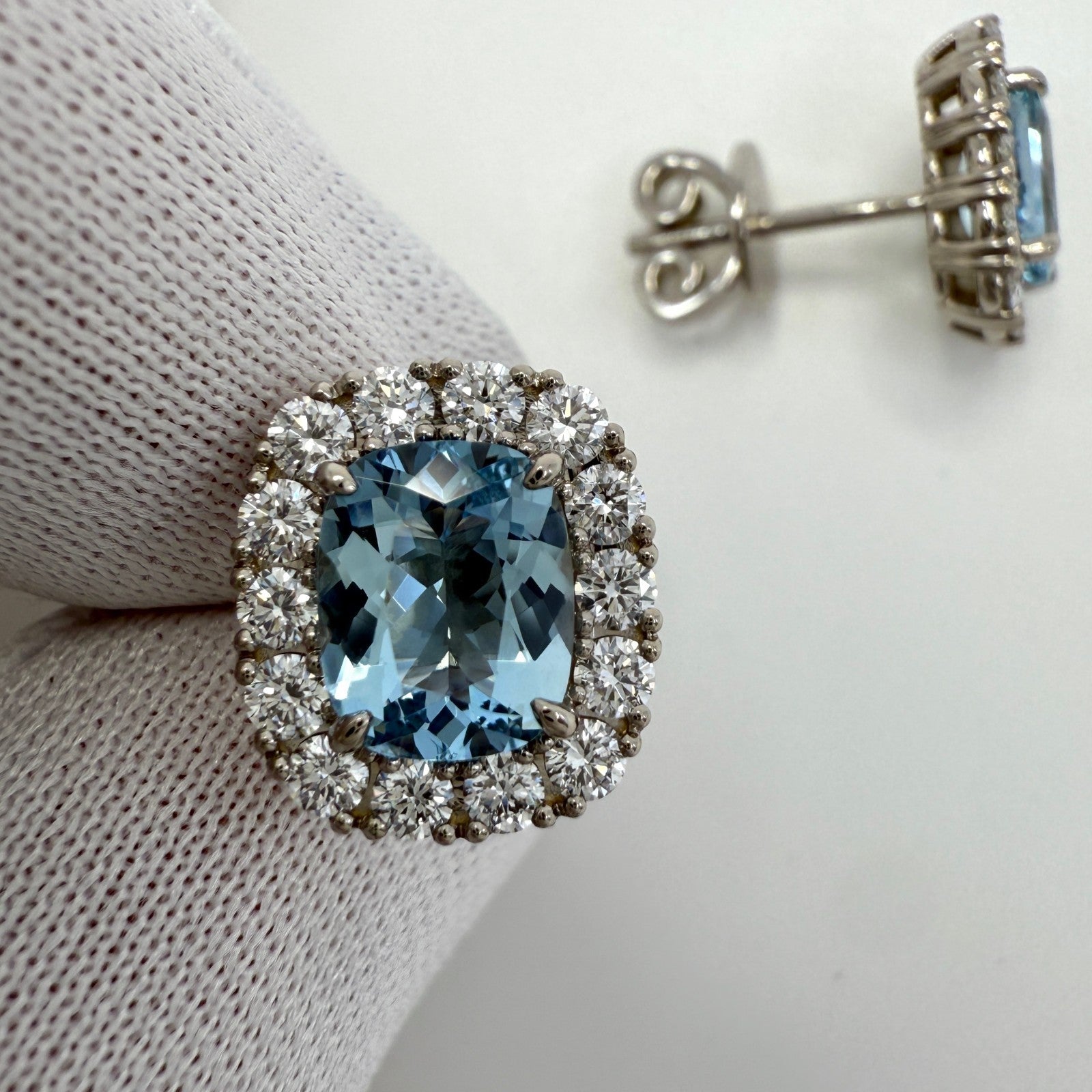 3.53ct Vivid Blue Cushion Aquamarine & Diamond 18k White Gold Halo Stud Earrings — view 4