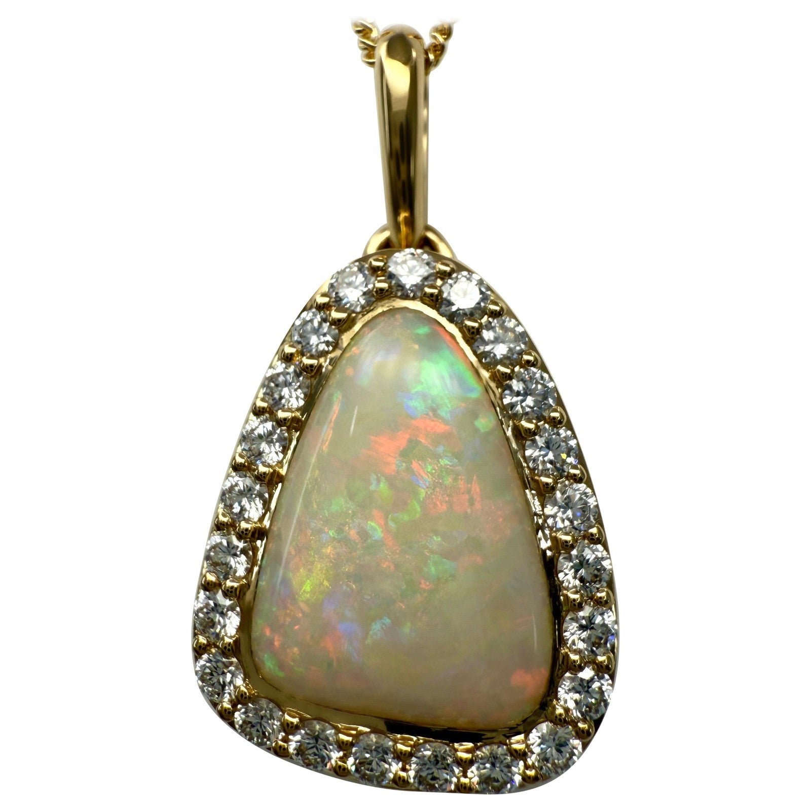 FINE 3.57ct Australian Coober Pedy Opal Diamond 18k Yellow Gold Pendant Necklace — view 1