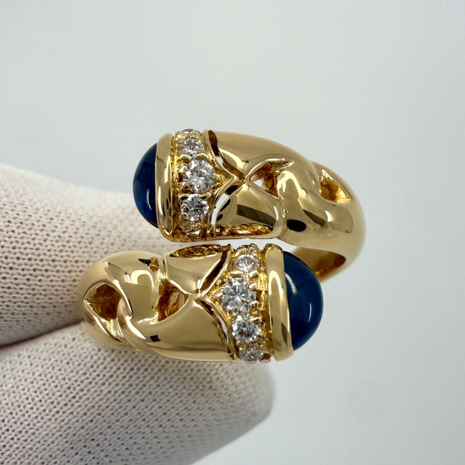 Rare Vintage Bvlgari Doppio Curoe Blue Sapphire & Diamond 18k Gold Bypass Ring — view 3