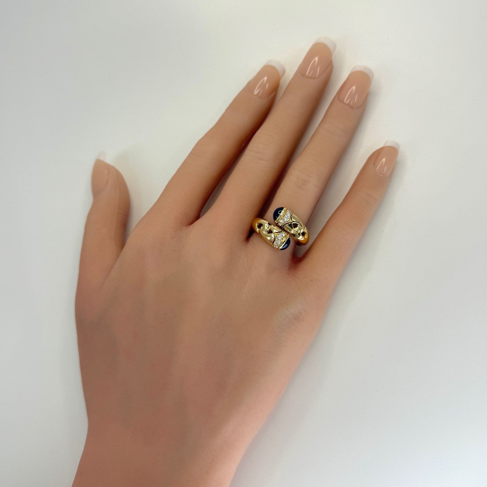 Rare Vintage Bvlgari Doppio Curoe Blue Sapphire & Diamond 18k Gold Bypass Ring — view 5