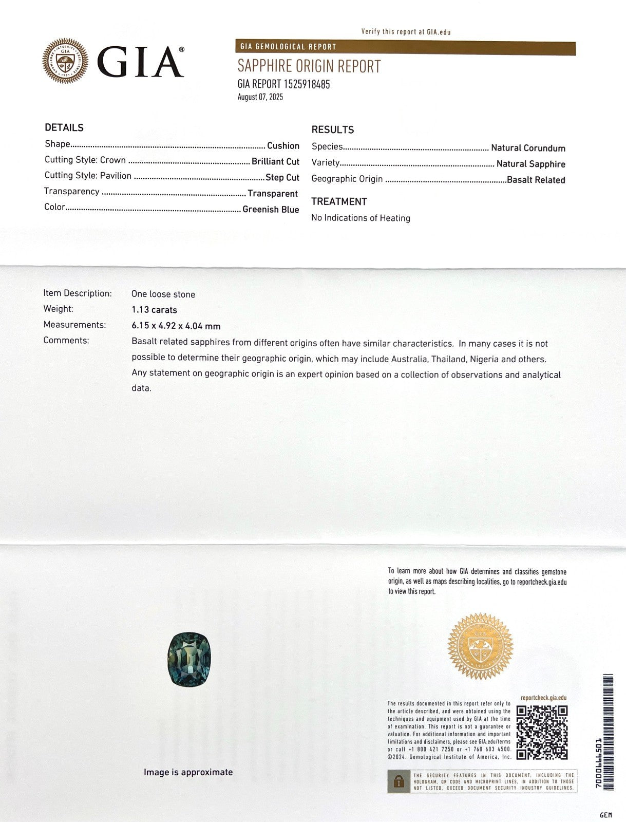 GIA Certified 1.13ct Bi Colour Green Blue UNTREATED Sapphire Cushion Cut Gem — view 2