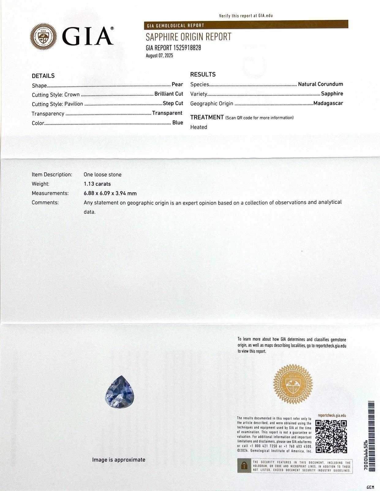 UNIQUE GIA CERTIFIED 1.13ct Sapphire Hazy Silky Blue Pear Cut Loose Gem — view 3