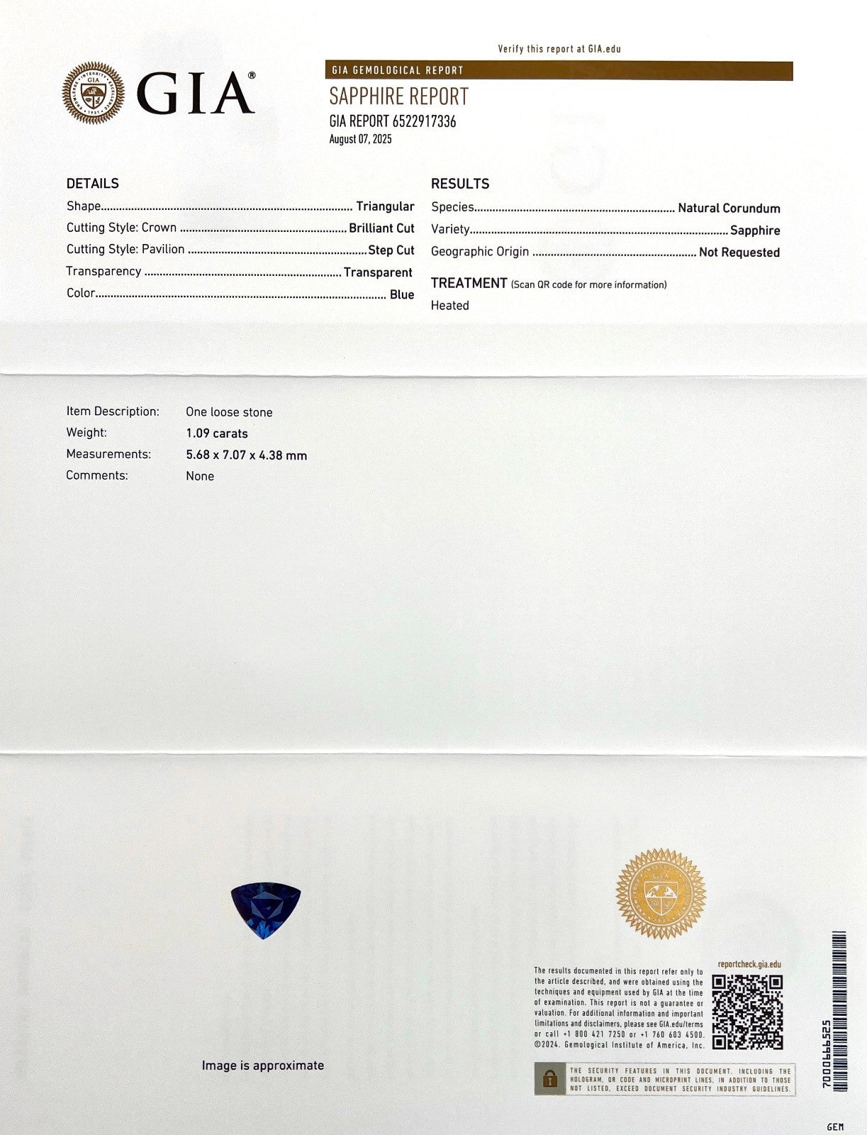 GIA CERTIFIED 1.09ct Natural NATURAL Triangle Cut Deep Blue Sapphire 7x5.6mm — view 2
