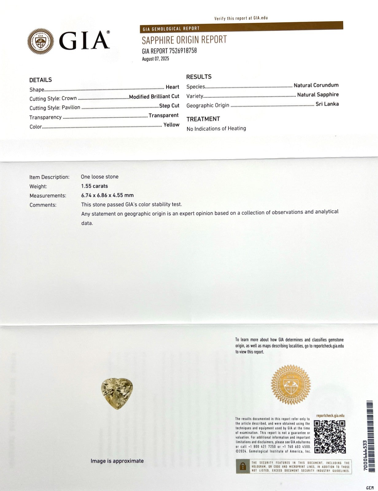 Natural GIA CERTIFEID 1.55ct Ceylon Yellow Sapphire Untreated No Heat Heart Cut — view 2