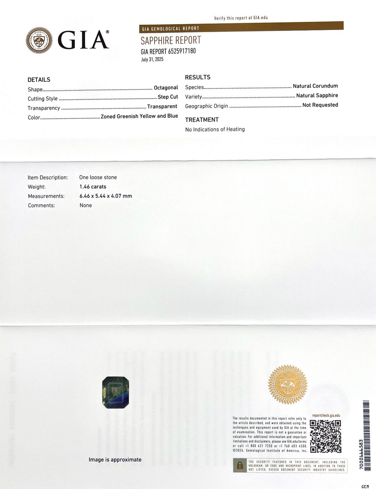 GIA CERTIFIED Untreated 1.46ct Blue Green PARTI Colour Sapphire Octagon Cut Gem — view 2