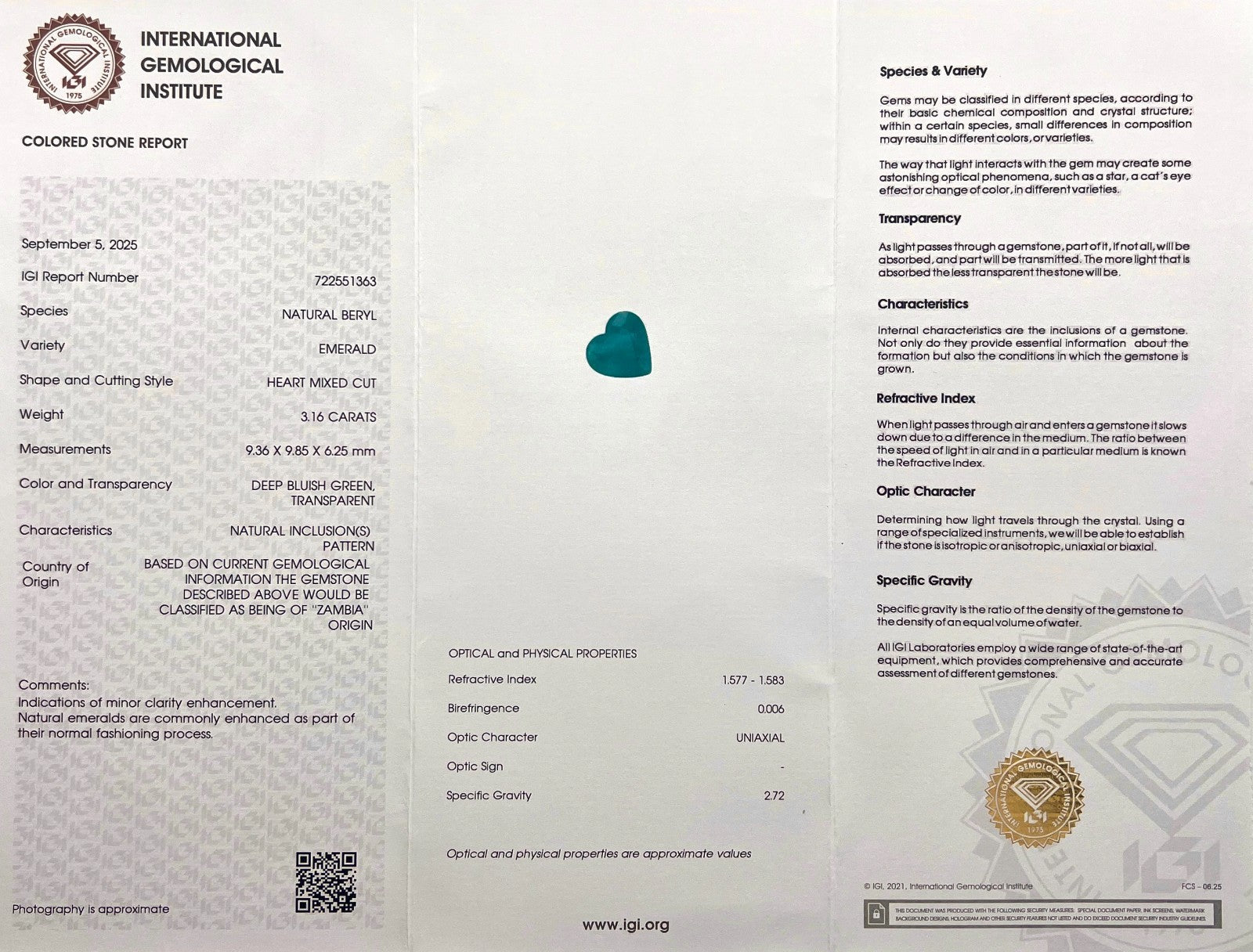 IGI CERTIFIED 3.16ct Natural VIVID Green Emerald Heart Cut 9.3x9.8mm ZAMBIA Gem — view 2