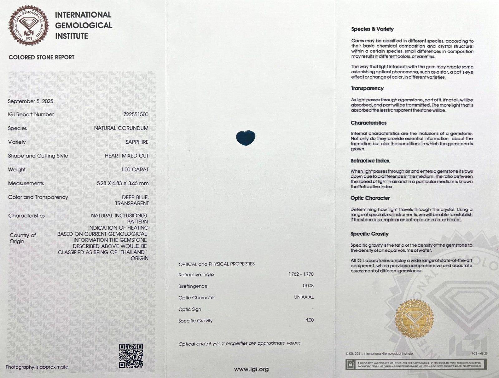 IGI CERTIFIED 1.00ct NATURAL Deep Blue THAI Sapphire Heart Cut 6.8x5.2mm Gem — view 2