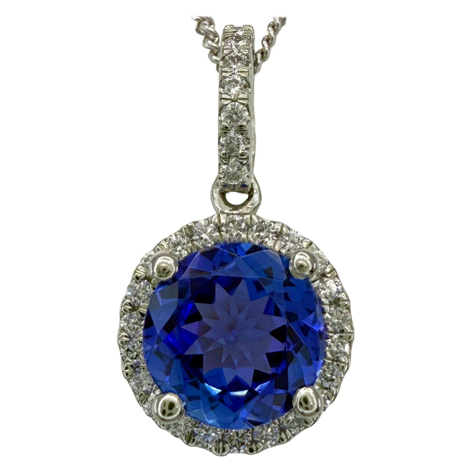 1.55ct Natural Vivid Blue Purple Tanzanite & Diamond Platinum Halo Pendant