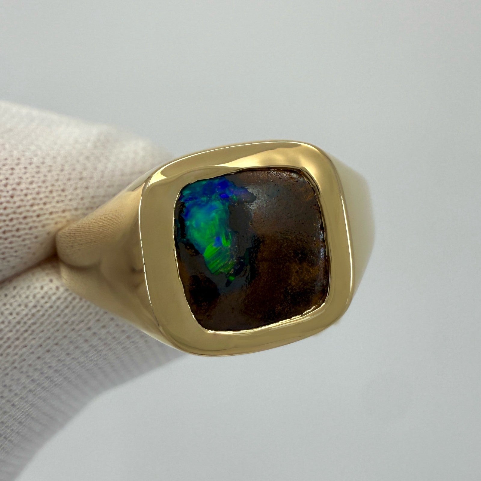 Rare 3.02ct Australian Matrix Boulder Opal 18k Yellow Gold Cushion Signet Ring — view 3