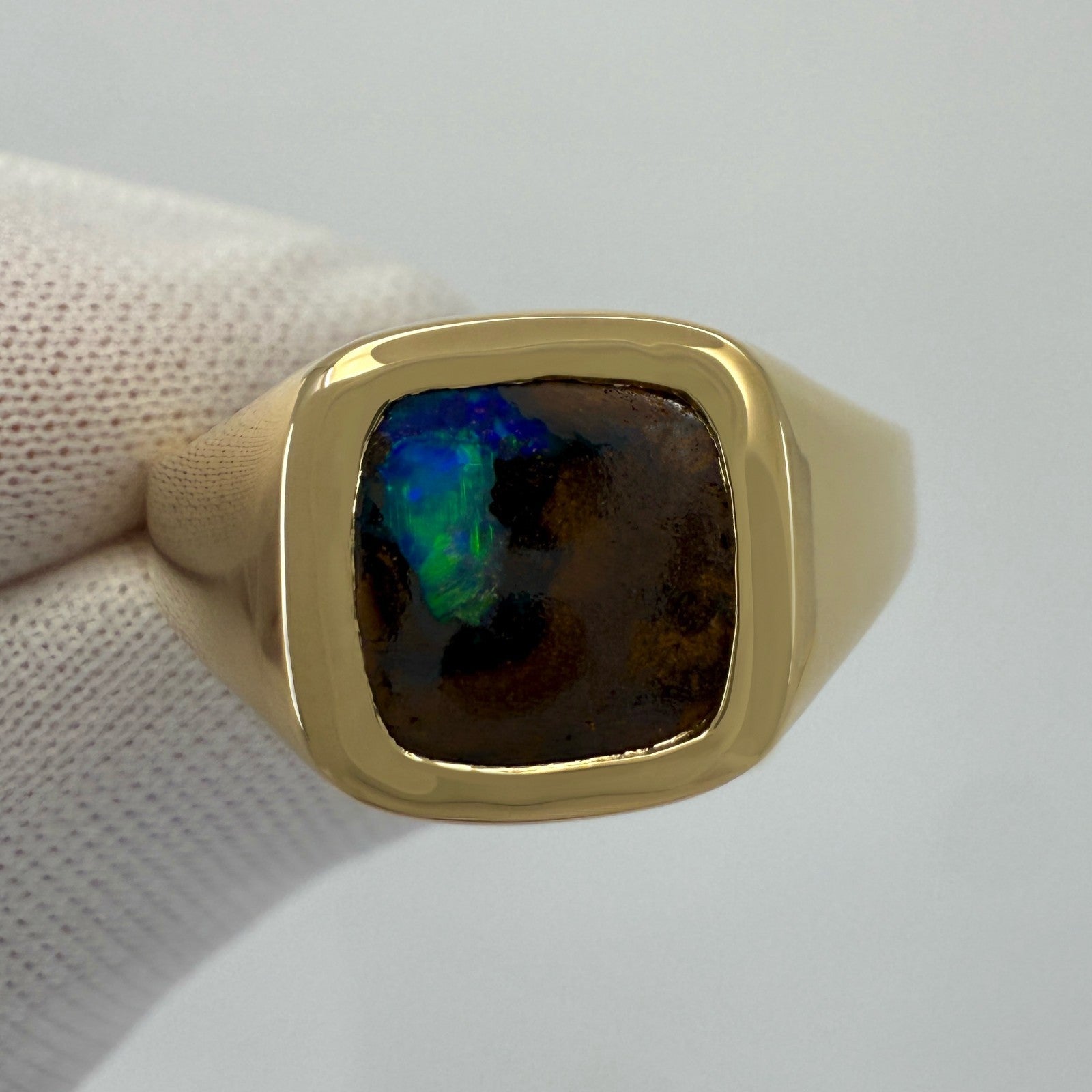 Rare 3.02ct Australian Matrix Boulder Opal 18k Yellow Gold Cushion Signet Ring — view 5