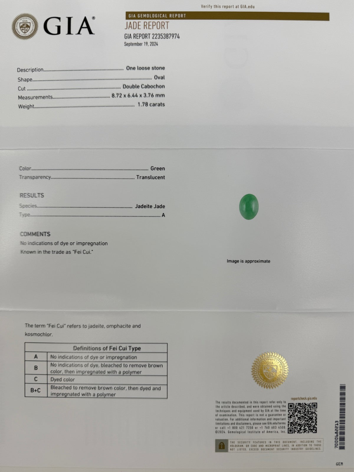GIA Certified Jadeite A Grade Jade Green Oval 9k Yellow Gold Signet Ring — view 2