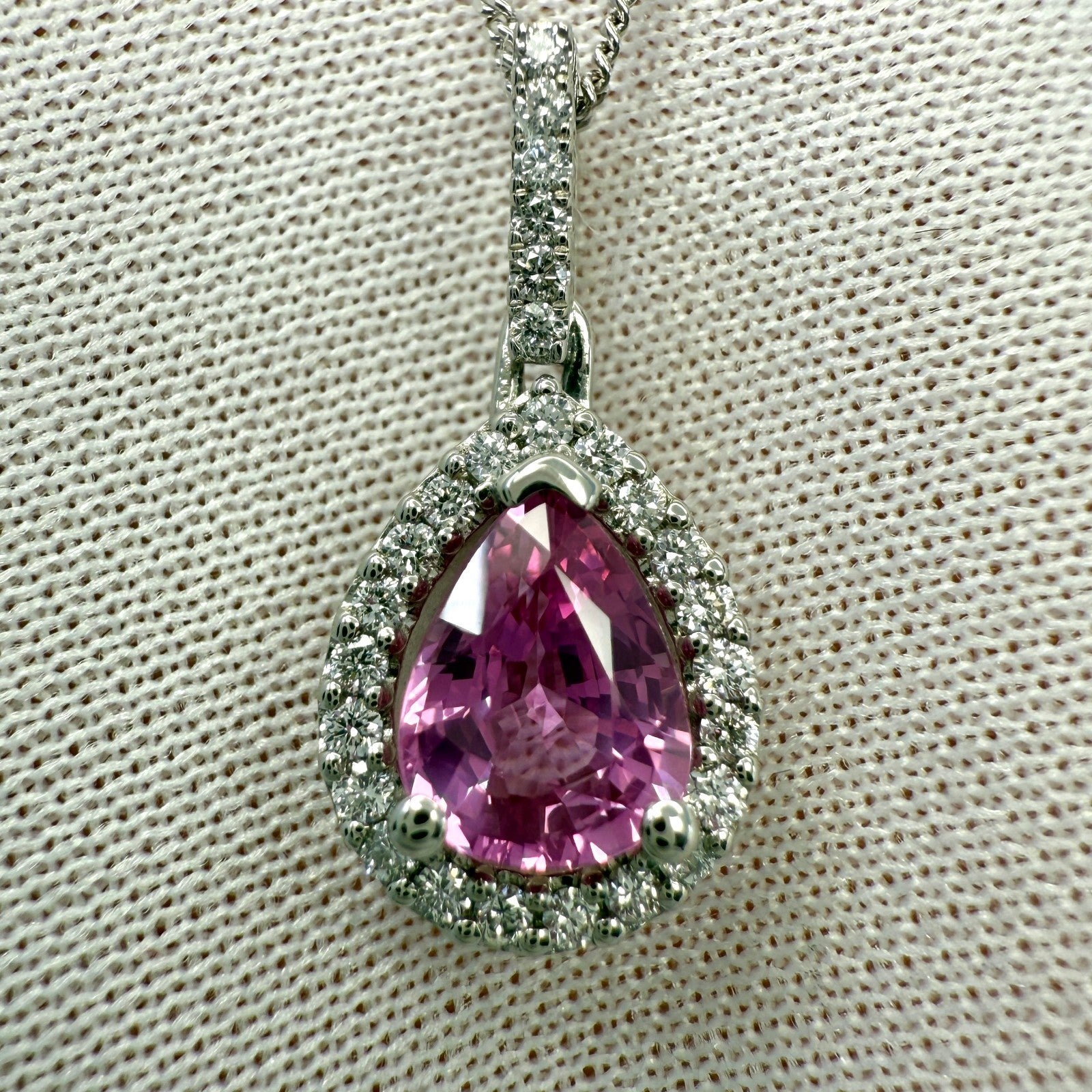 IGI Certified Hot Pink Pear Cut Thai Sapphire & Diamond Platinum Halo Pendant — view 3