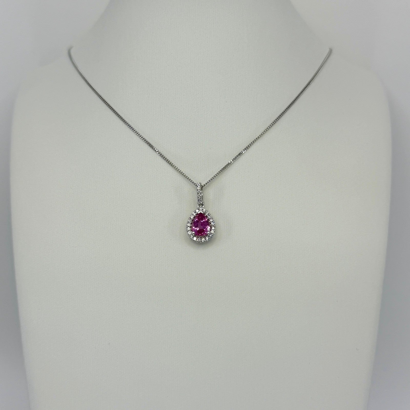 IGI Certified Hot Pink Pear Cut Thai Sapphire & Diamond Platinum Halo Pendant — view 4