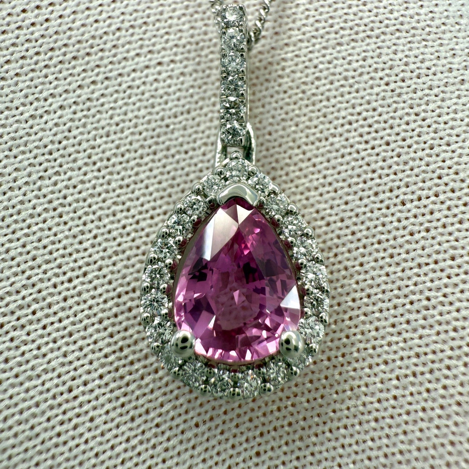 IGI Certified Hot Pink Pear Cut Thai Sapphire & Diamond Platinum Halo Pendant — view 5