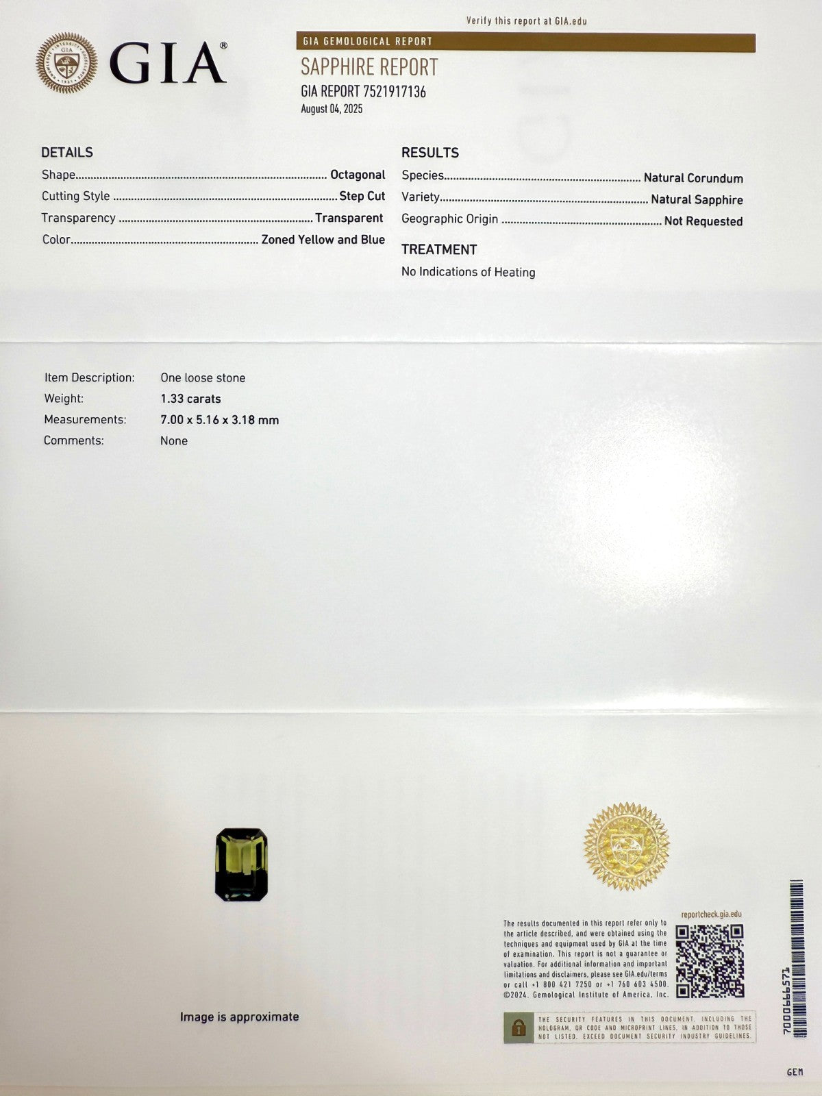1.41ct GIA Certified Bi Colour Sapphire Diamond 18k Yellow Gold Three Stone Ring — view 3