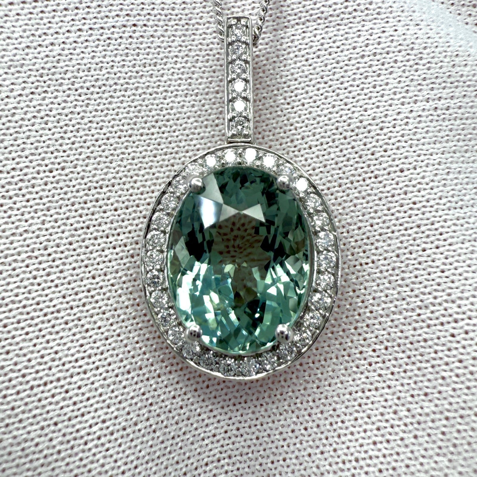 4.02ct Vivid Green Oval Cut Tourmaline & Diamond Platinum Halo Pendant Necklace — view 2