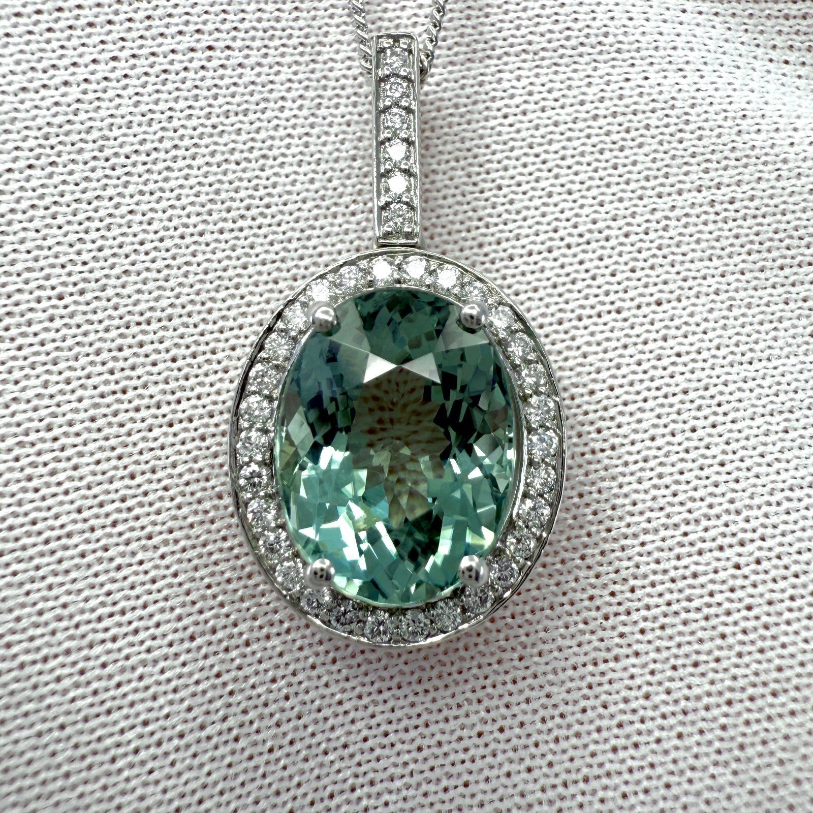 4.02ct Vivid Green Oval Cut Tourmaline & Diamond Platinum Halo Pendant Necklace — view 3