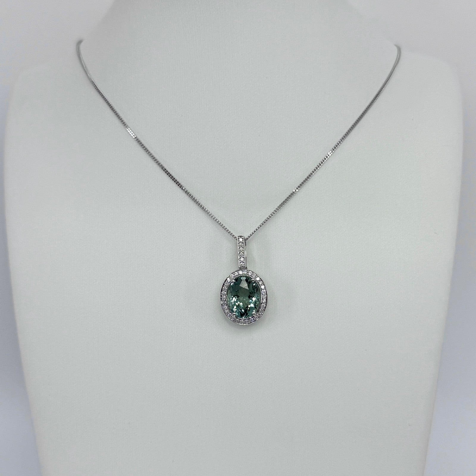 4.02ct Vivid Green Oval Cut Tourmaline & Diamond Platinum Halo Pendant Necklace — view 4