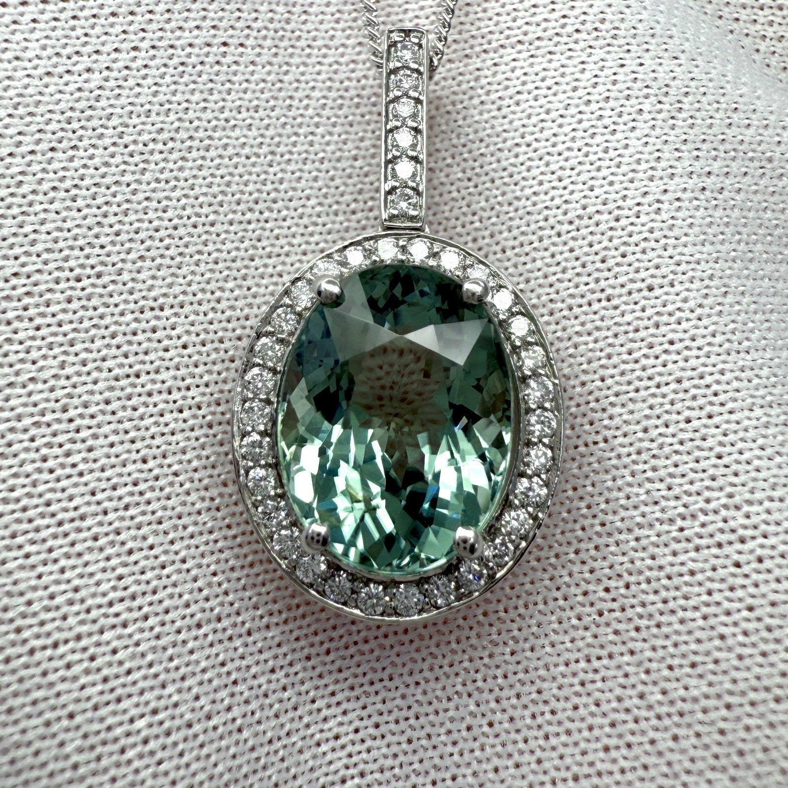 4.02ct Vivid Green Oval Cut Tourmaline & Diamond Platinum Halo Pendant Necklace — view 5
