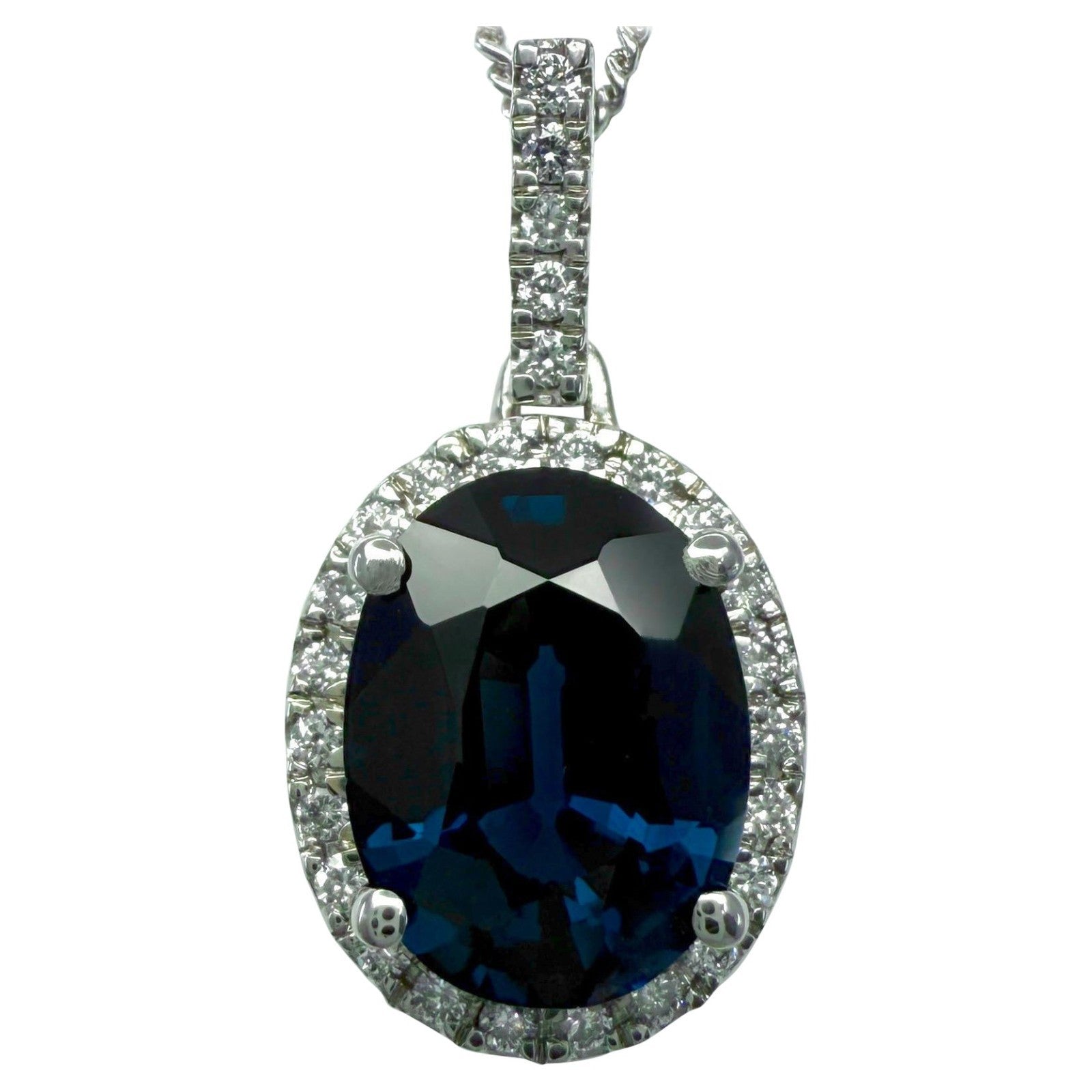 1.49ct Oval Cut Deep Blue Mahenge Spinel & Diamond Platinum Pendant Necklace — view 1