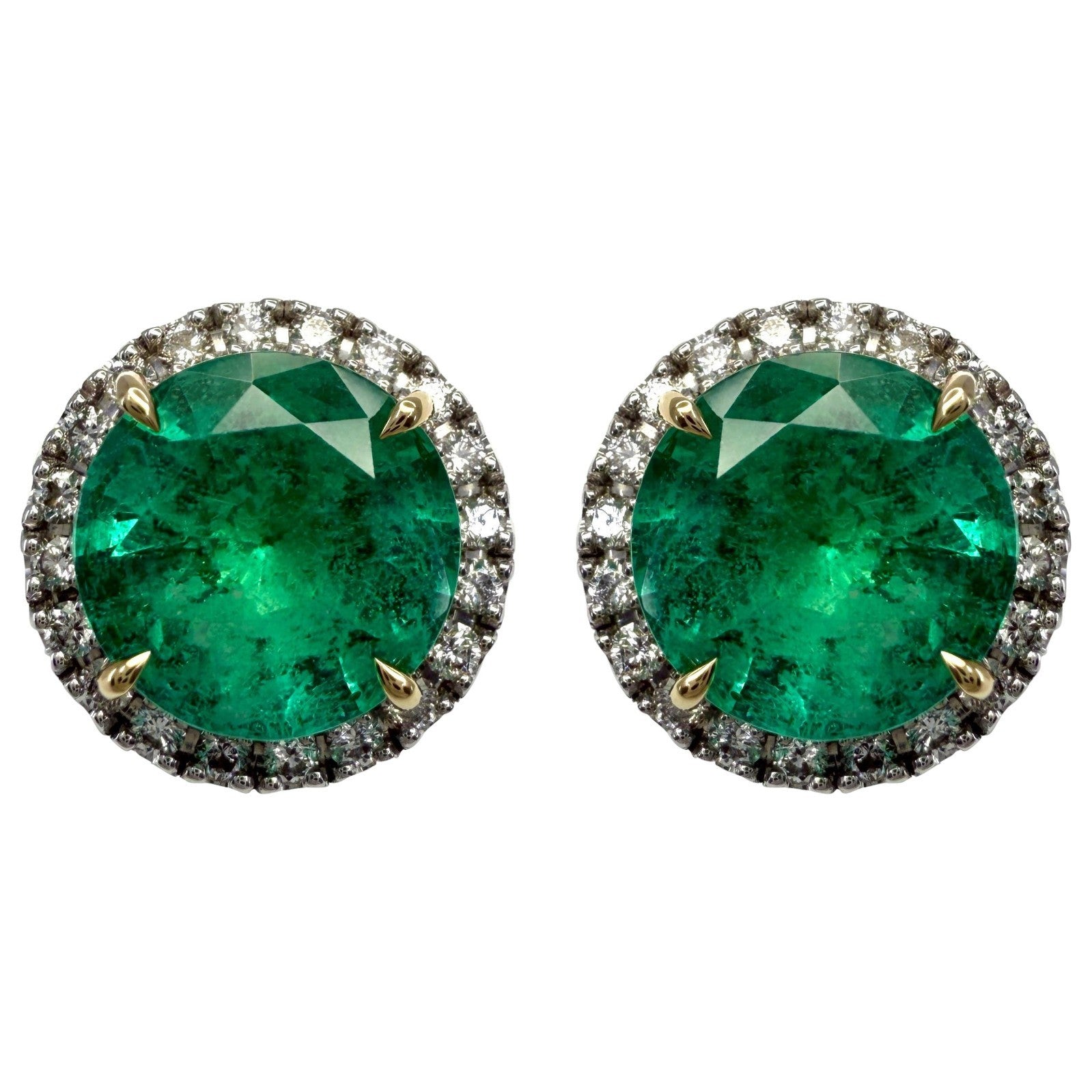 Fine 4.57ct GIA Certified Vivid Green Emerald & Diamond Gold Halo Earring Studs