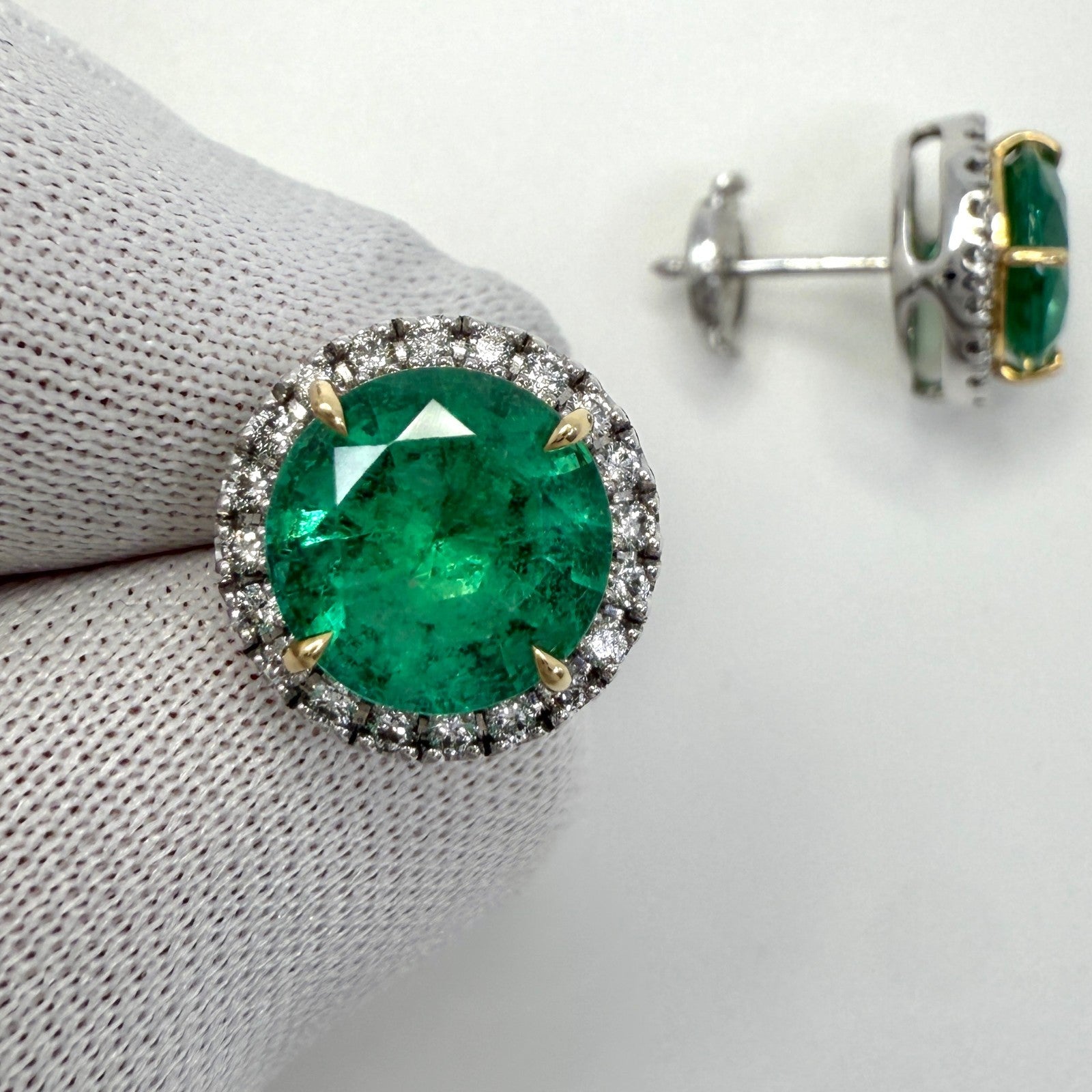 Fine 4.57ct GIA Certified Vivid Green Emerald & Diamond Gold Halo Earring Studs — view 2