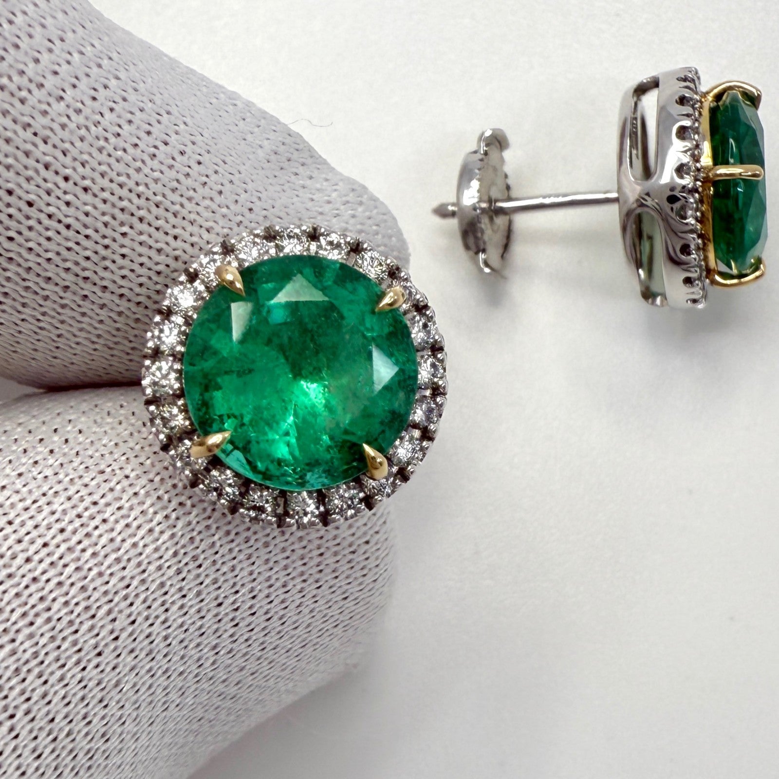 Fine 4.57ct GIA Certified Vivid Green Emerald & Diamond Gold Halo Earring Studs — view 5