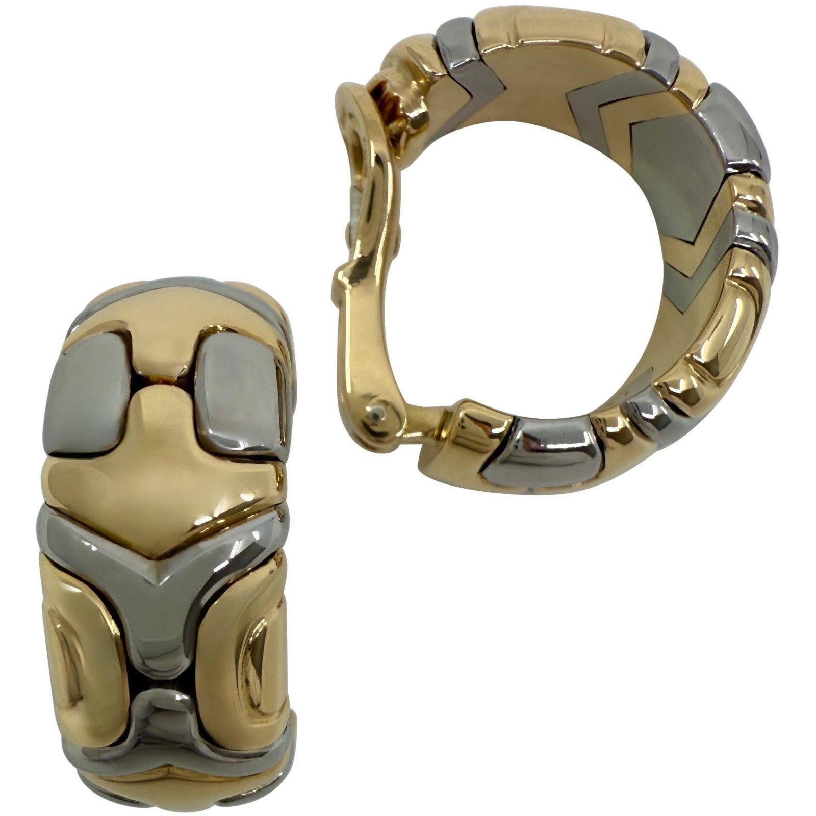 Rare Vintage Bvlgari Alveare Parentesi 18k Yellow Gold Steel Clip Hoop Earrings